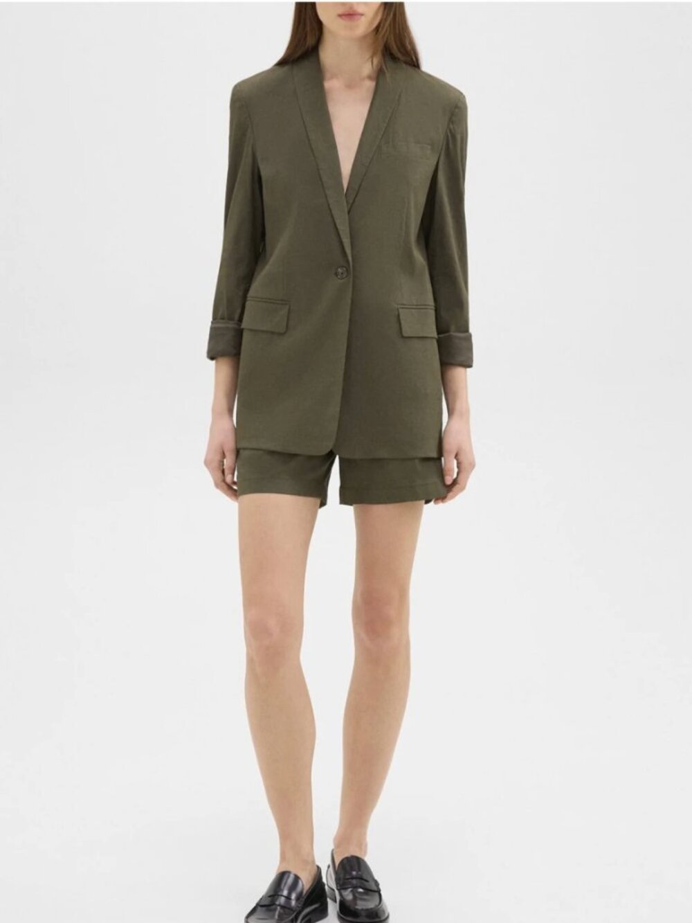 Theory Single Button Olive Linen Blazer
